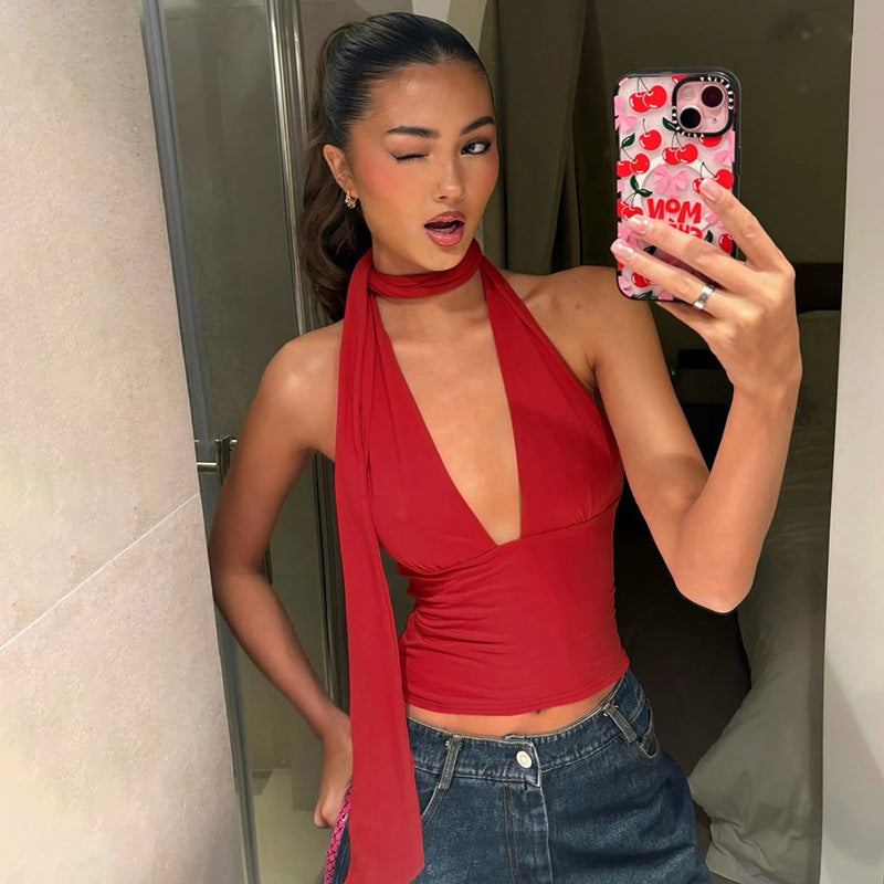 Haut D’été Femme Chic – Top Halter Y2K, Décolleté Profond et Confortable