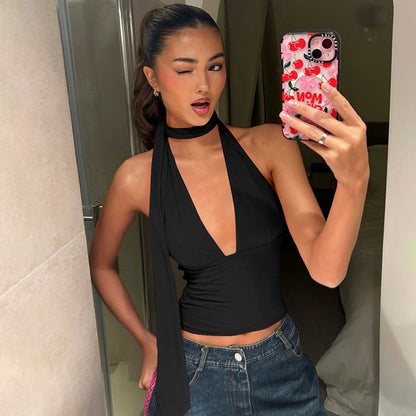Haut D’été Femme Chic – Top Halter Y2K, Décolleté Profond et Confortable