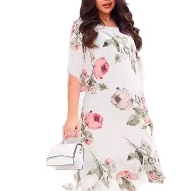 Murmure Rose – Robe en mousseline de soie, à manches courtes, col rond