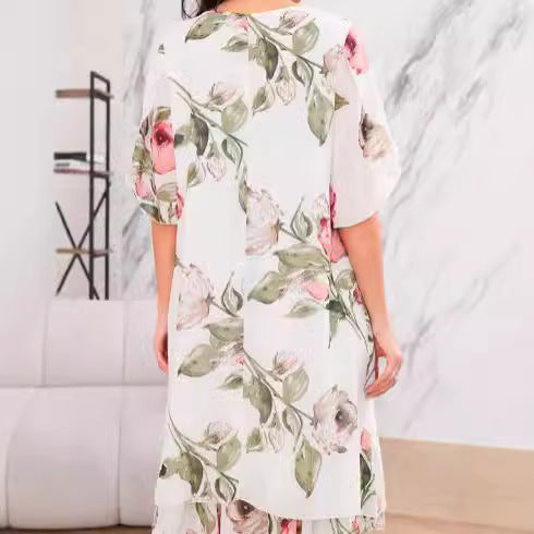 Murmure Rose – Robe en mousseline de soie, à manches courtes, col rond