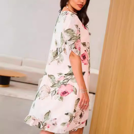 Murmure Rose – Robe en mousseline de soie, à manches courtes, col rond